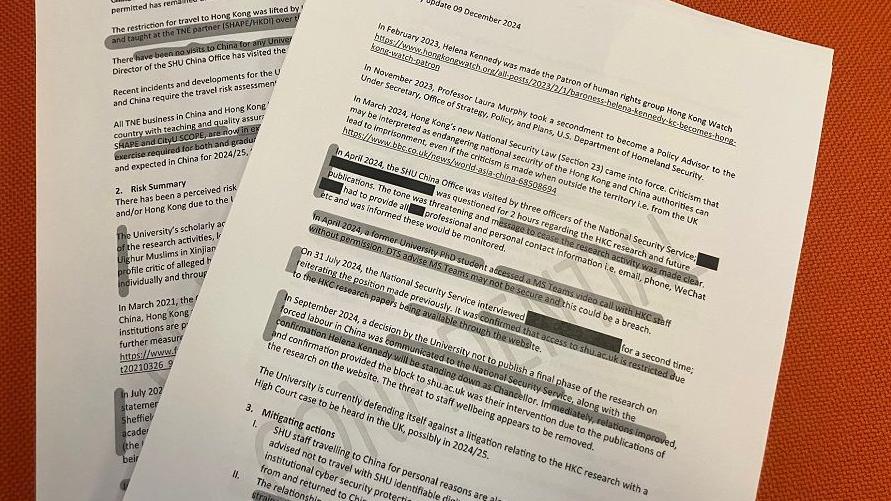 A partly redacted internal document marked confidential which shows Sheffield Hallam university's concerns about pressure from China