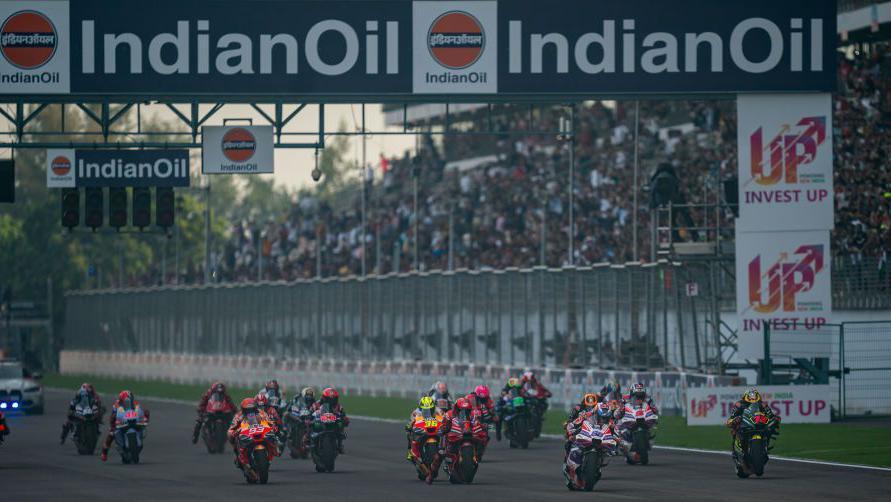 Riders on motorbikes on a track at the Indian Grand Prix