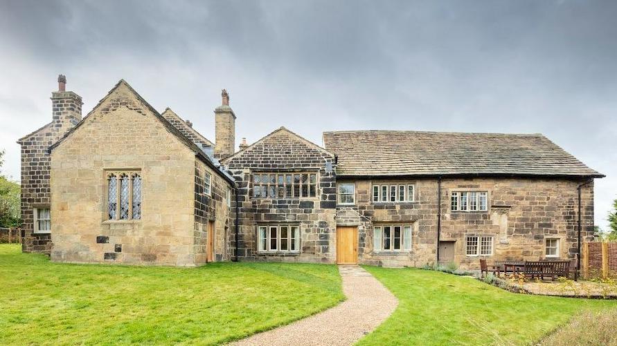 Calverley Old Hall, in Calverley, Leeds, shown from the south-east, with the Great Hall on the right-hand side, the Chapel on the left and the Solar in-between.