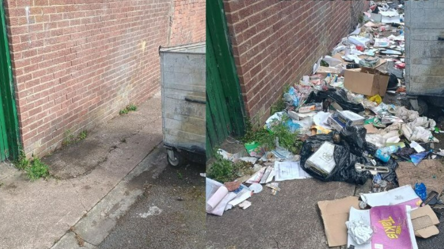 To the left, a cleaned alleyway path and red brick wall with a metal bin. To the right, the same alleyway with metal bin and the floor is full of rubbish bags and paper.