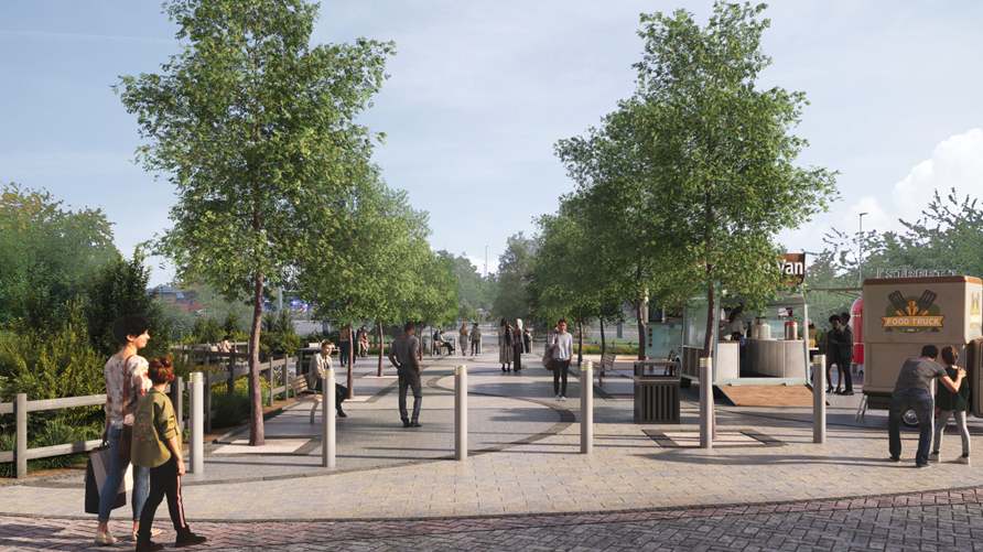 A computer generated image of a wide paved area, with trees on either side, and a number of posts across the paving, with food stalls to the right, and a number of people walking around.
