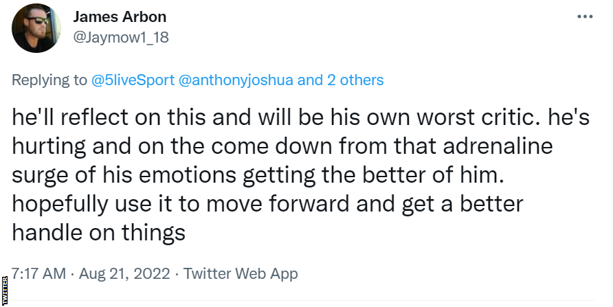 Twitter post on Anthony Joshua loss