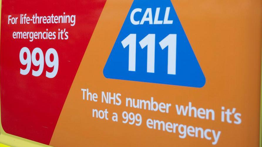 A logo of the NHS 111 call service with the 999 number next to it.