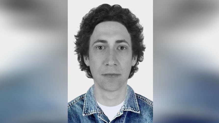 A facial reconstruction of a man whose remains were found 35 years ago. The head and shoulder shot depicts him with dark hair, and wearing a denim jacket.