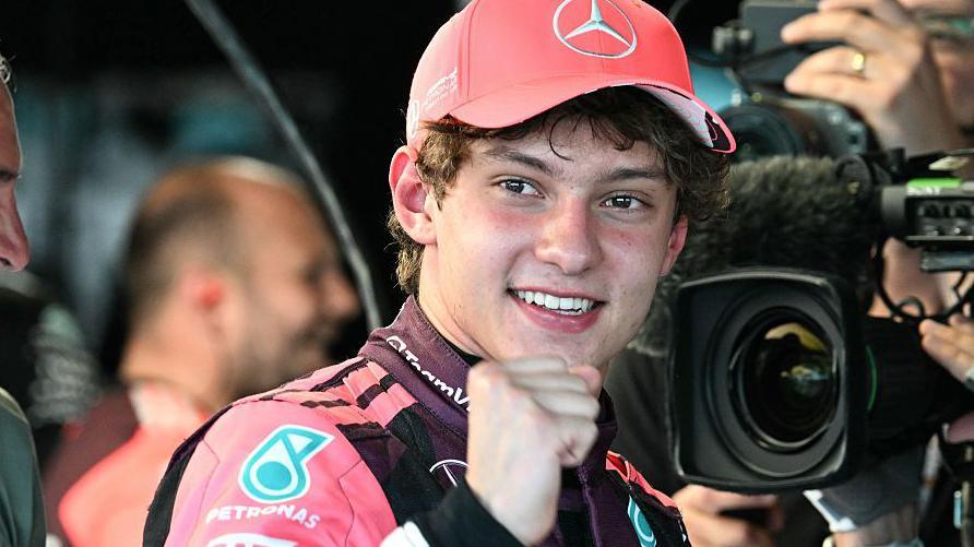 Kimi Antonelli clenches his fist in celebration after taking pole position for the Miami Grand Prix sprint race