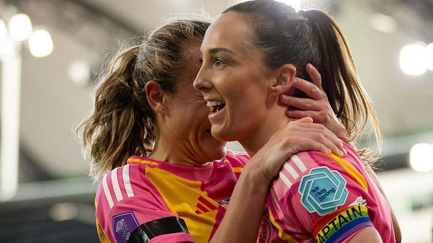Caroline Weir of Scotland celebrates her goal with her team mate Claire Emslie against Germany