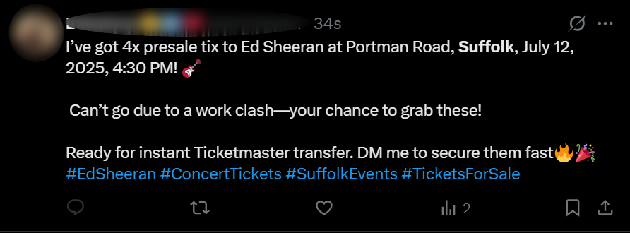 A screenshot showing a post on X from someone claiming to be selling an Ed Sheeran ticket.