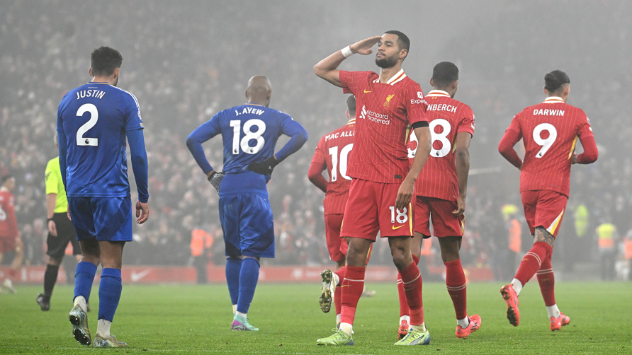 Cody Gakpo celebrates equalising for Liverpool against Leicester City in the Premier League