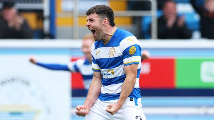 GREENOCK, SCOTLAND - SEPTEMBER 21: Morton's Cammy Ballantyne celebrates after scoring to make it 2-0 during a William Hill Scottish Championship match between Greenock Morton and Airdrieonians at Cappielow Park, on September 21, 2024, in Dingwall, Scotland. (Photo by Roddy Scott / SNS Group)