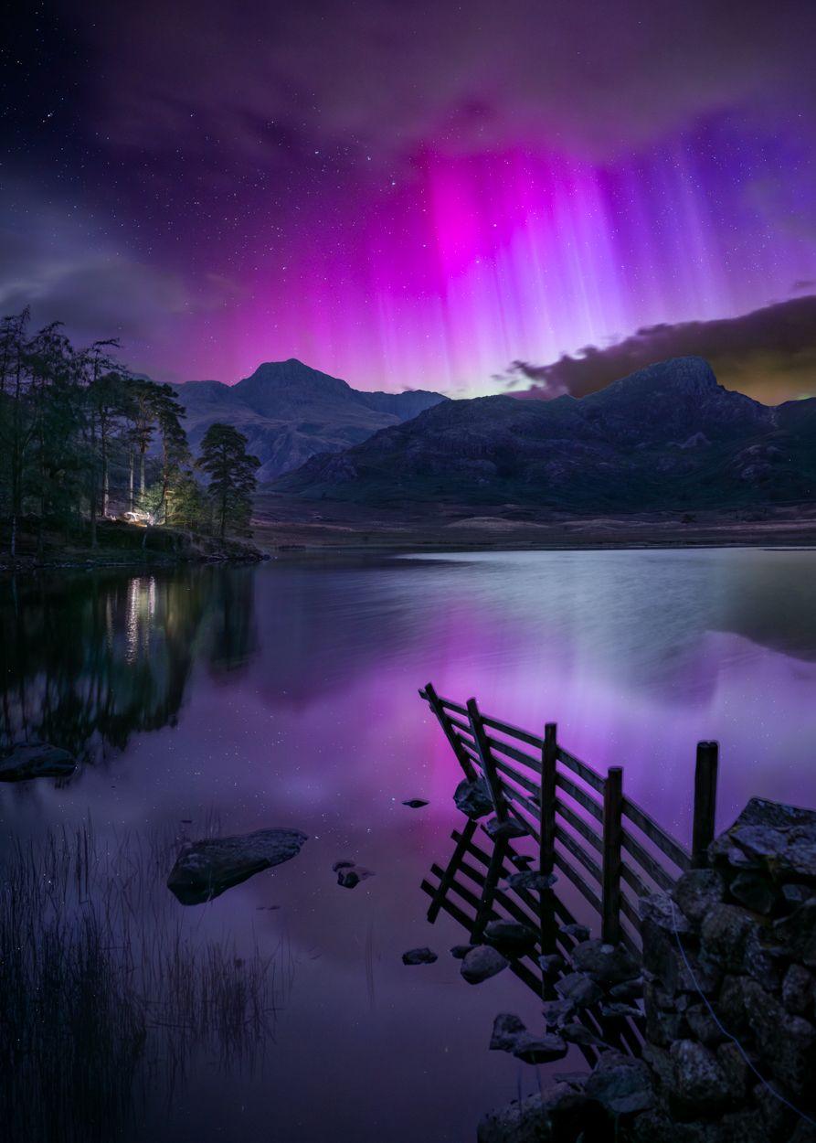 The purple and pink Northern Lights are pictured in the night sky, the colours are reflected in a body of water below.