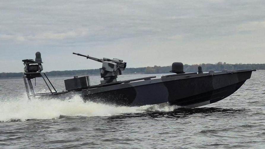 A Ukrainian naval drone boat at sea