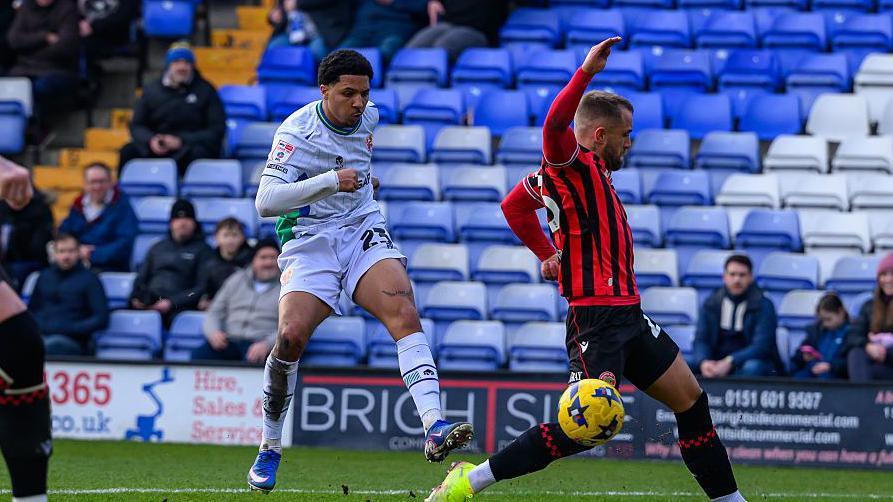 Ethan Bristow fires in a left-footed shot for Tranmere Rovers against Walsall last season