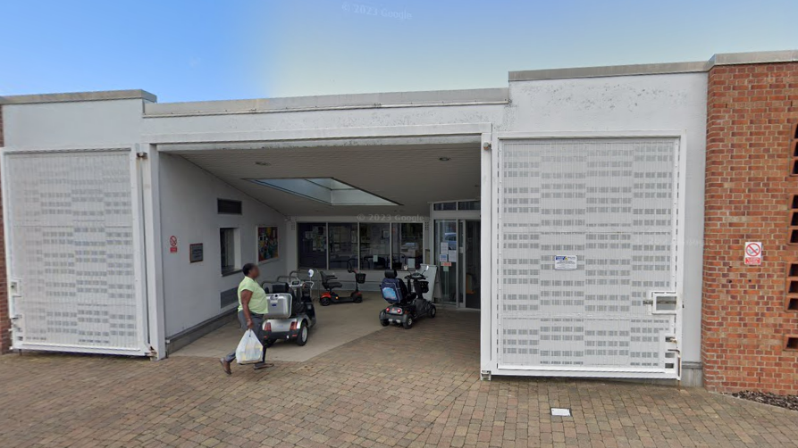 The entrance doors to Hockley Farm Medical Centre