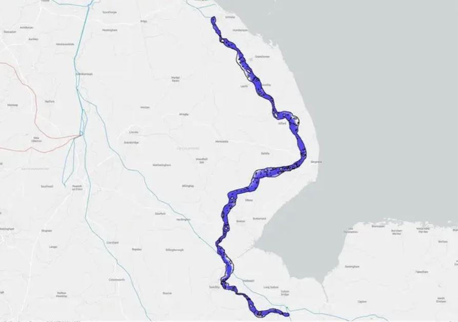 A map with a blue line showing where pylons would be.