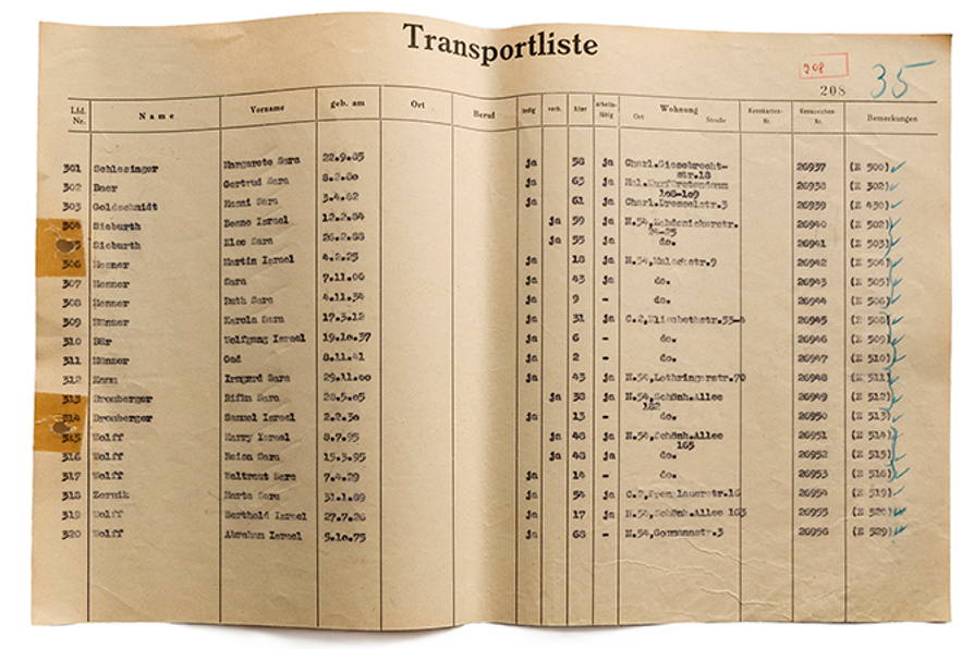 Gestapo Berlin Transportation List of Jews deported on Transport 26 from Berlin to Auschwitz, 1943. Marta Zernik, the artist’s great aunt, is listed as number 318 on this list. 