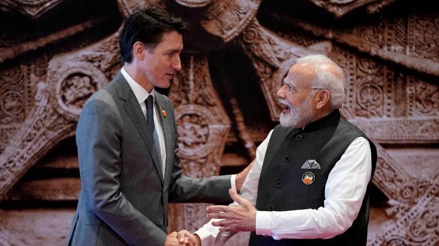 Prime Minister Justin Trudeau of Canada shaking the hand of Prime Minister Narendra Modi of India in New Delhi at the G20 summit