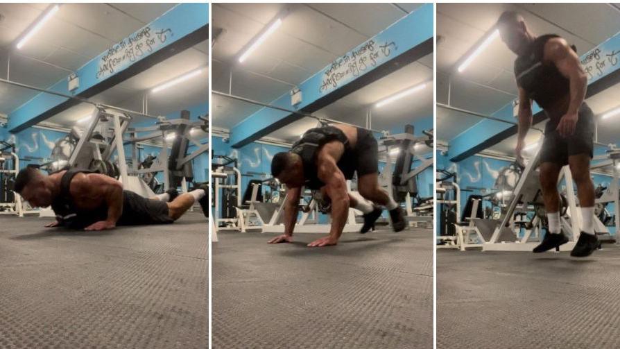 Craig Timmins performs a burpee, coming from lying down to stand up and jump before repeating the exercise