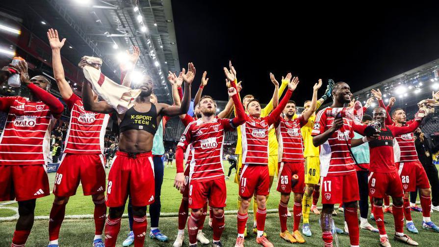 Brest players celebrate beating Salzburg in the Champions League