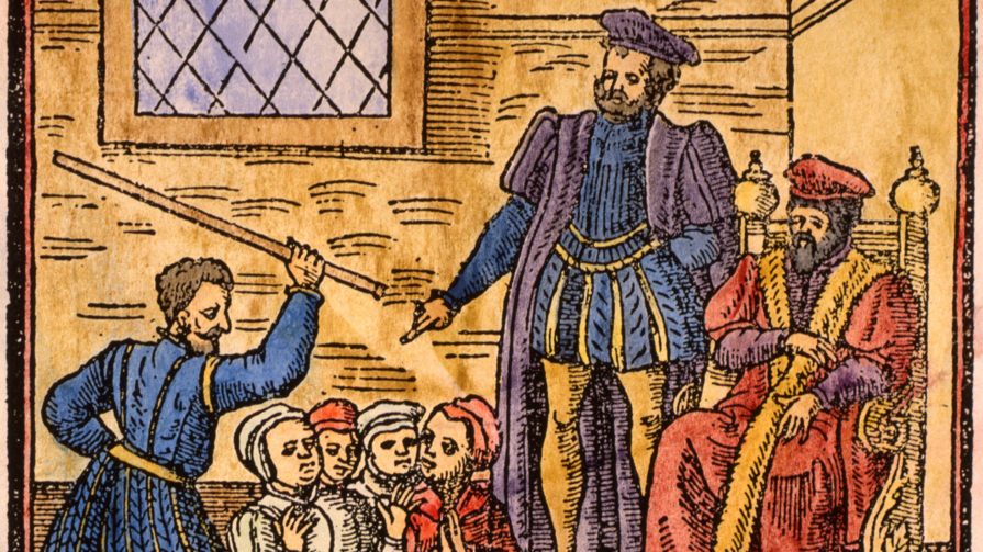 King James I overseeing the trial of four women accused of being witches in 1591.