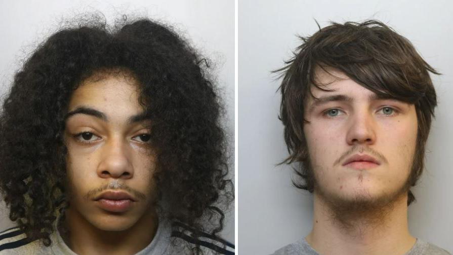 Kodishai Wescott, 17, (left)'s mugshot, he has big curly hair and Riley Tolliver's mugshot he has flat brown hair.