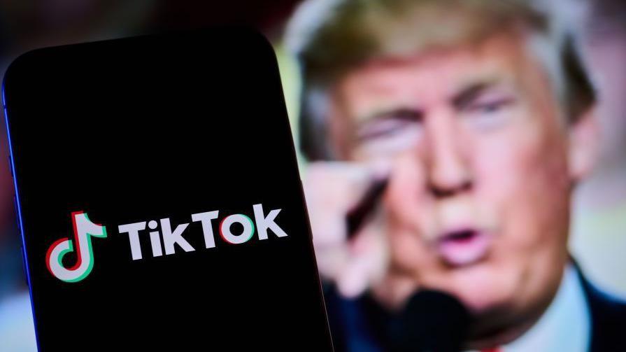 The TikTok logo is seen in this illustration photo with Trump in the background