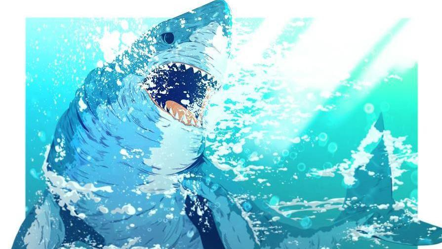 A digital piece of art depicting a shark thrashing it's tail in water