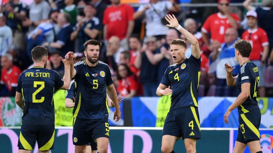 Scotland team after Scott McTominay scores against Switzerland