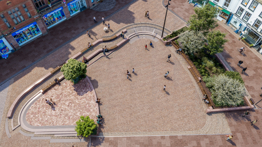 Artist impression of what Greenmarket will look like following the regeneration project. A plaza has a red brick floor and trees are dotted around the open space.