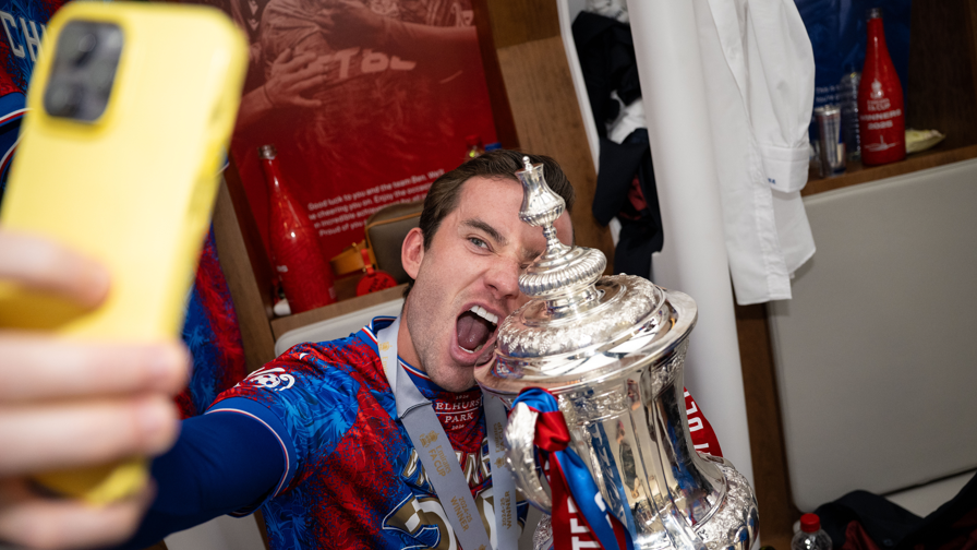 Crystal Palace loan signing Ben Chilwell celebrates with the FA Cup after the win over Manchester City at Wembley in May