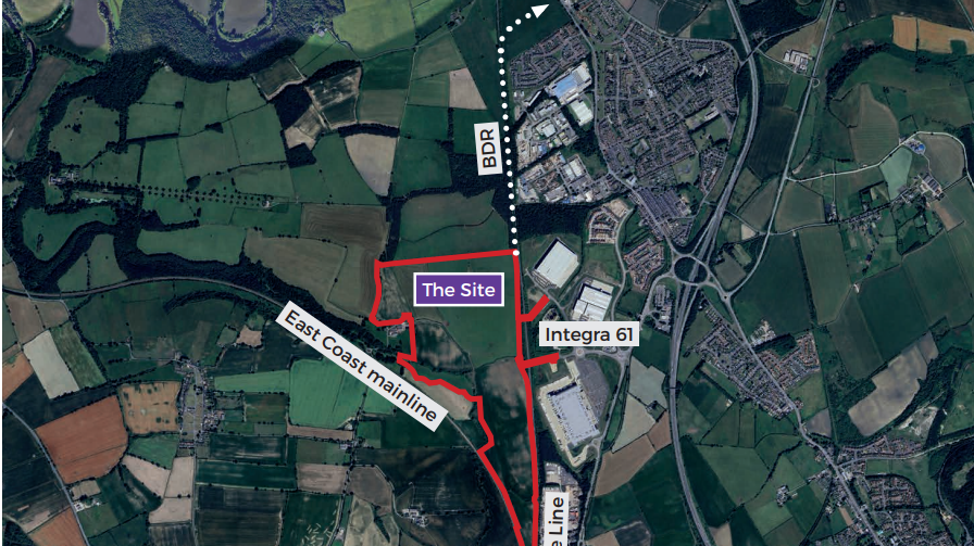 A white line on a map, marked as BDR, shows the Bowburn Development Route alongside the west end of Bowburn, next to some housing estates. The Integra 61 phase 2 site is marked in red. It is opposite the proposed route, further down from it.