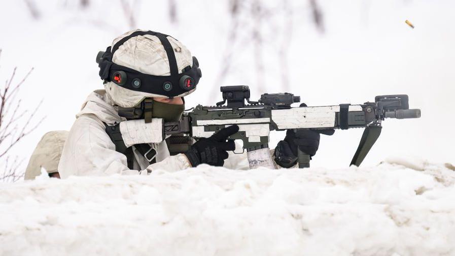 A Swedish soldier taking part in a training exercise on the Norwegian-Finnish border in the Arctic