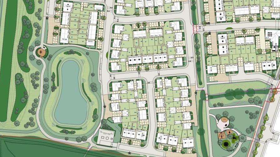 A drawing which shows a housing estate mapped out. It includes rows of houses and gardens and some grass areas, a large pond and trees. 