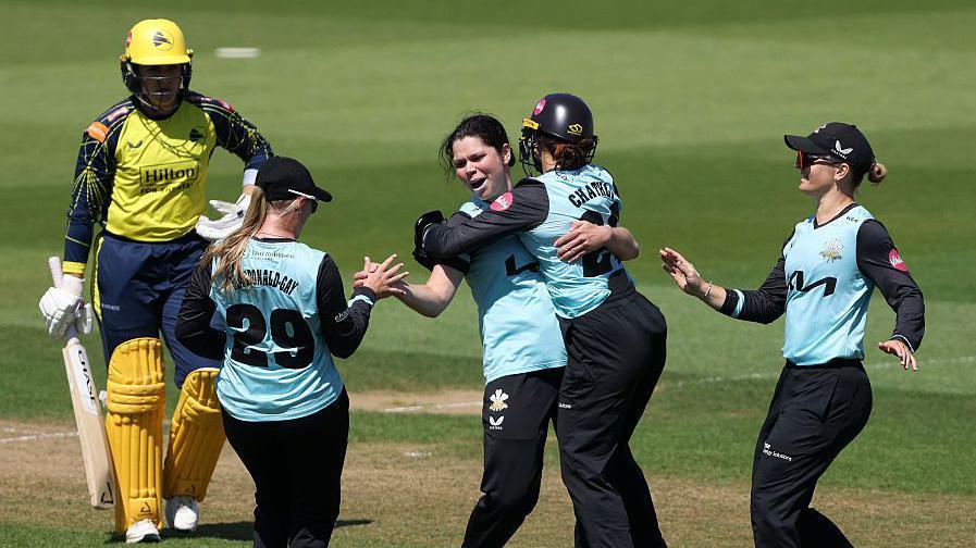 Alice Davidson-Richards of Surrey celebrates the wicket of Nancy Harman of Hampshire Hawks during the Vitality Blast match between Surrey Women and Hampshire Hawks Women at The Kia Oval 