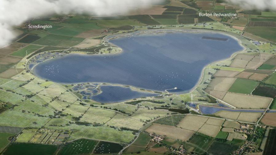 An aerial impression of a reservoir, surrounded by fields. The settlements of Scredington and Burton Pedwardine are marked.