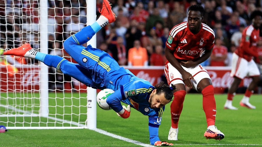 Leeds United and England goalkeeper James Trafford in action against Nottingham Forest in the Carabao Cup.