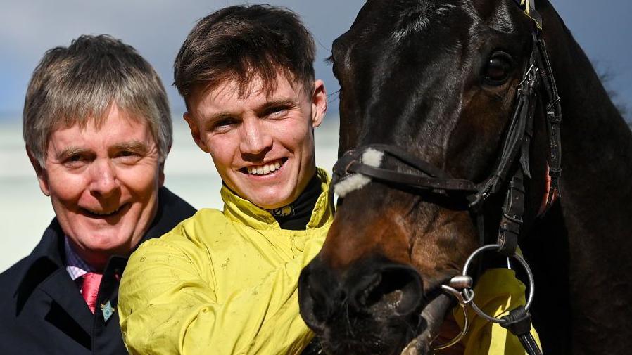 Trainer Barry Connell, jockey Michael O'Sullivan and Marine Nationale at Cheltenham