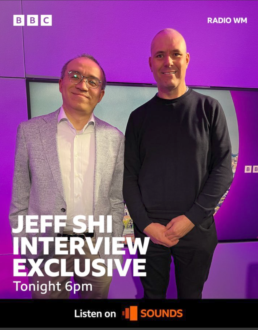 Banner reading - Jeff Shi exlusive interview at 6 pm tonight on BBC Radio West Midlands