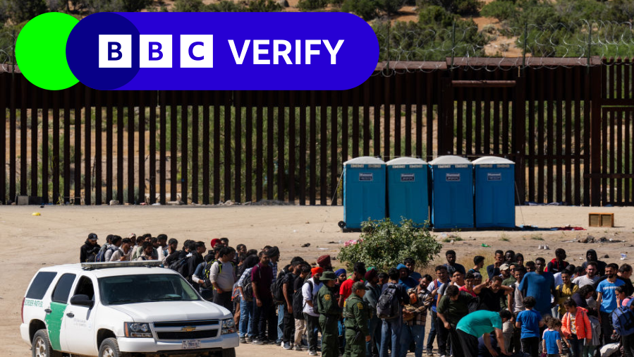 BBC Verify logo over an image of migrants at the US southern border.