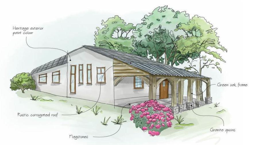 An artist's impression of a new home planned at Crockernwell on Dartmoor. It is a one-story building with a wooden porch to the front. The drawing has notes written on it. One says 'heritage exterior paint colour', another says 'green oak frame'.