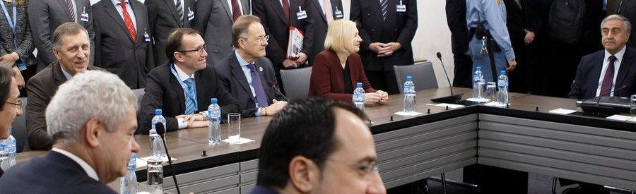 Greek Cypriot President Nicos Anastasiades, Special Adviser to the United Nations Secretary-General on Cyprus Espen Barth Eide and Turkish Cypriot leader Mustafa Akinci attend a new round of Cyprus Peace Talks, at the European headquarters of the United Nations in Geneva on Monday, 9 January