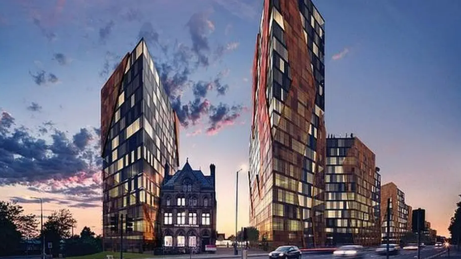 An artist's impression of how the New Chinatown scheme was supposed to look. It shows two towers of apartments behind a Victorian-era bridal shop that currently stands on Great George Street. Cars drive past the buildings, which are pictured at dusk. 