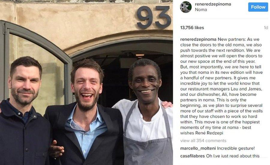 Noma restaurant managers James Spreadbury and Lau Richter, and dishwasher Ali Sonko pose together on Instagram