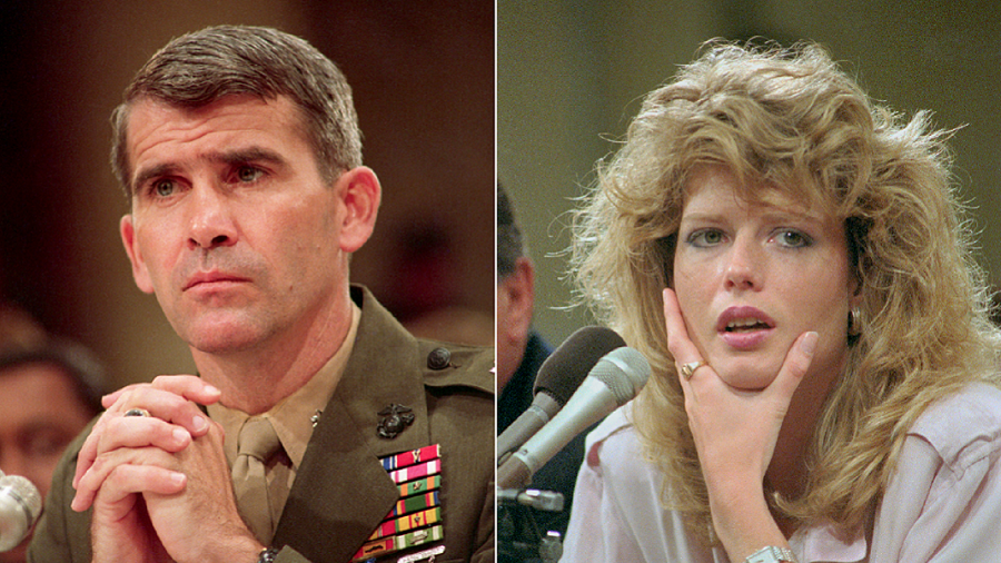 A composite image, North on the left wearing a military uniform and Hall on the right, in front of microphones