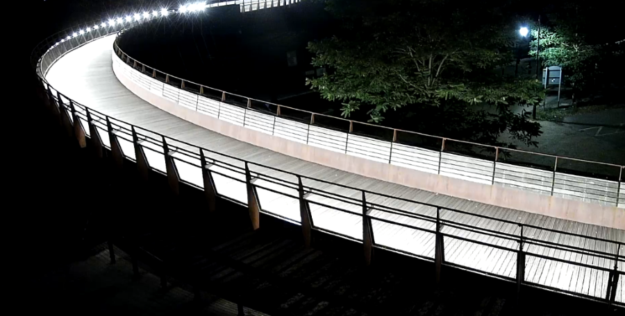 A CCTV still of Beckets Bridge as seen at nighttime. The bridge is illuminated by lights, but the surrounding area is in complete darkness apart from one tree which has been partially lit by a single street light.