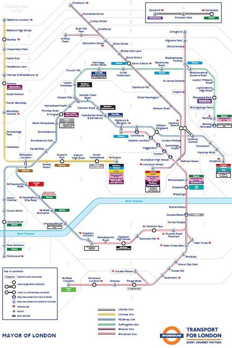 A new map of the London Overground system, showing red, maroon, yellow, green, grey and blue lines