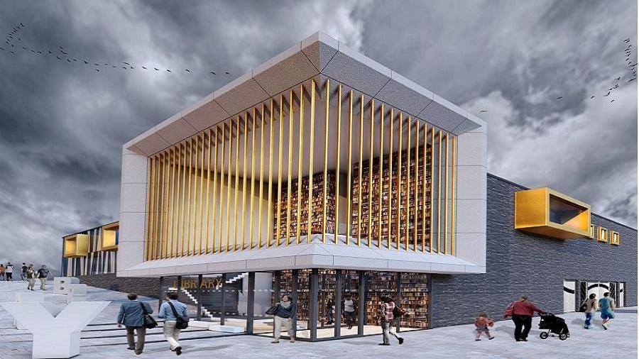 An artist's impression of the new Rotherham library. It shows the corner of the building with gold coloured rails on the first floor and glass panels on the ground floor. People are walking past and there are giant letters on paving stones outside