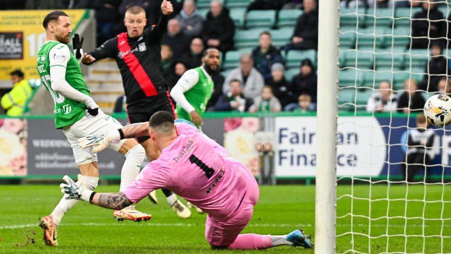 Hibernian's Martin Boyle (left) scores against Clydebank