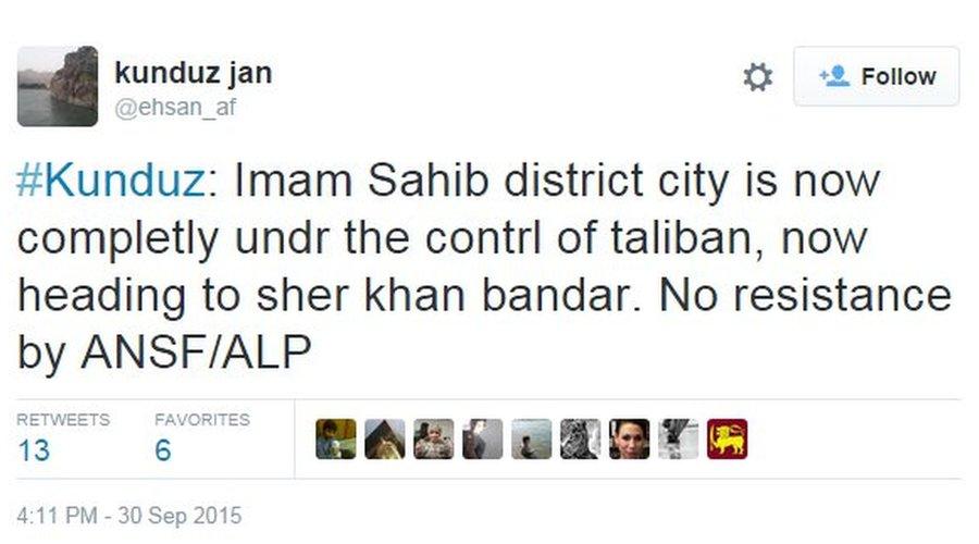 @ehsan_af tweeting that Imam Sahib district had fallen to the Taliban, a few days ago