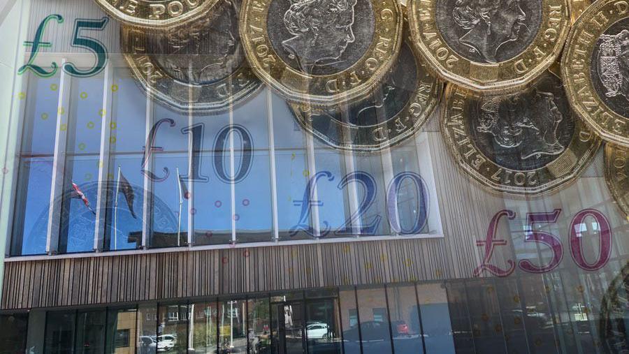 Redcar and Cleveland Council office picture merged with banknotes and coins