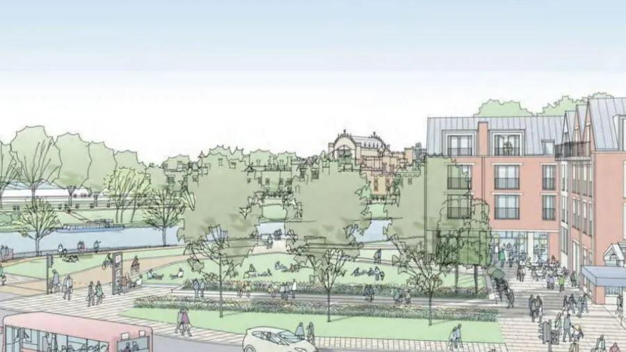 Artist's impression of the new homes and station redevelopment showing the palace in the background